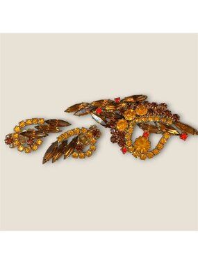Vintage Julianna Brooch & Clip-On Earrings Demi Set Gold Floral Rhinestone Accen